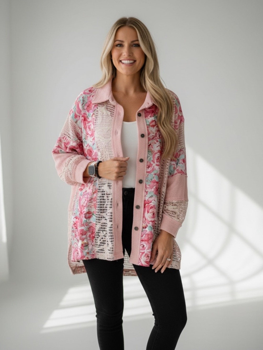 NWOT POL Pink Rose Panel Crochet Button-Up Cardigan Size Large
